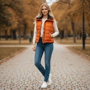 Autum Orange Puffer Vest Full Zip Sleeveless Small Women's Spring & Fall #42C
